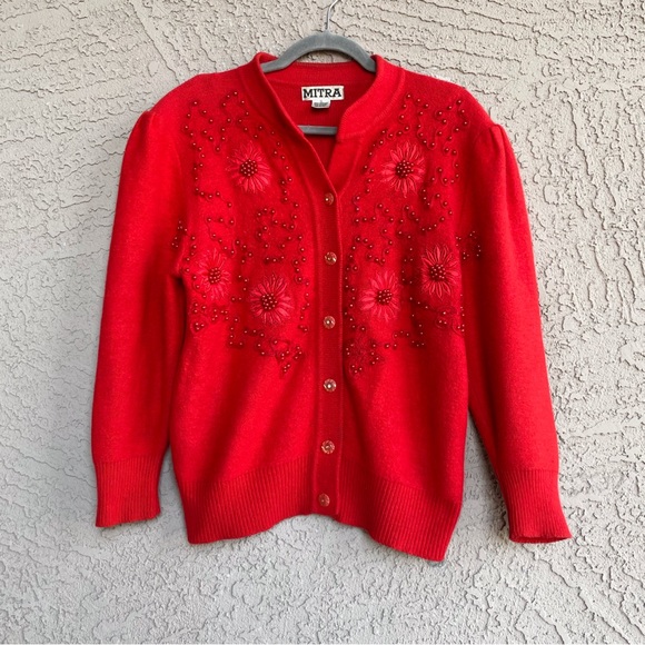 VINTAGE 3D Floral Appliqué Embroidered Beaded Soft Angora Wool Cardigan Sweater - Picture 10 of 17